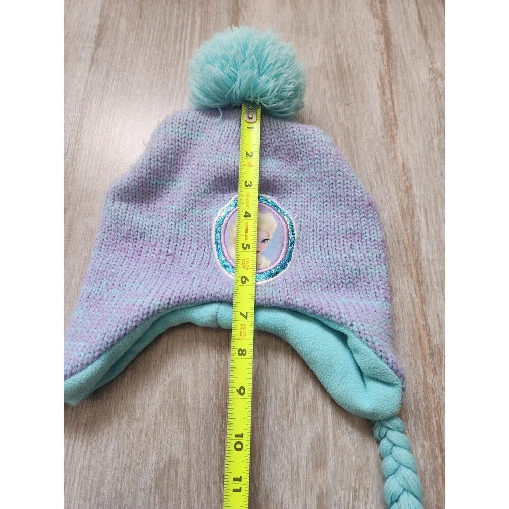 Disney Frozen Elsa Blue Purple Pom Tassel Beanie Fleece Knit Girls Sz 4-14 GUC